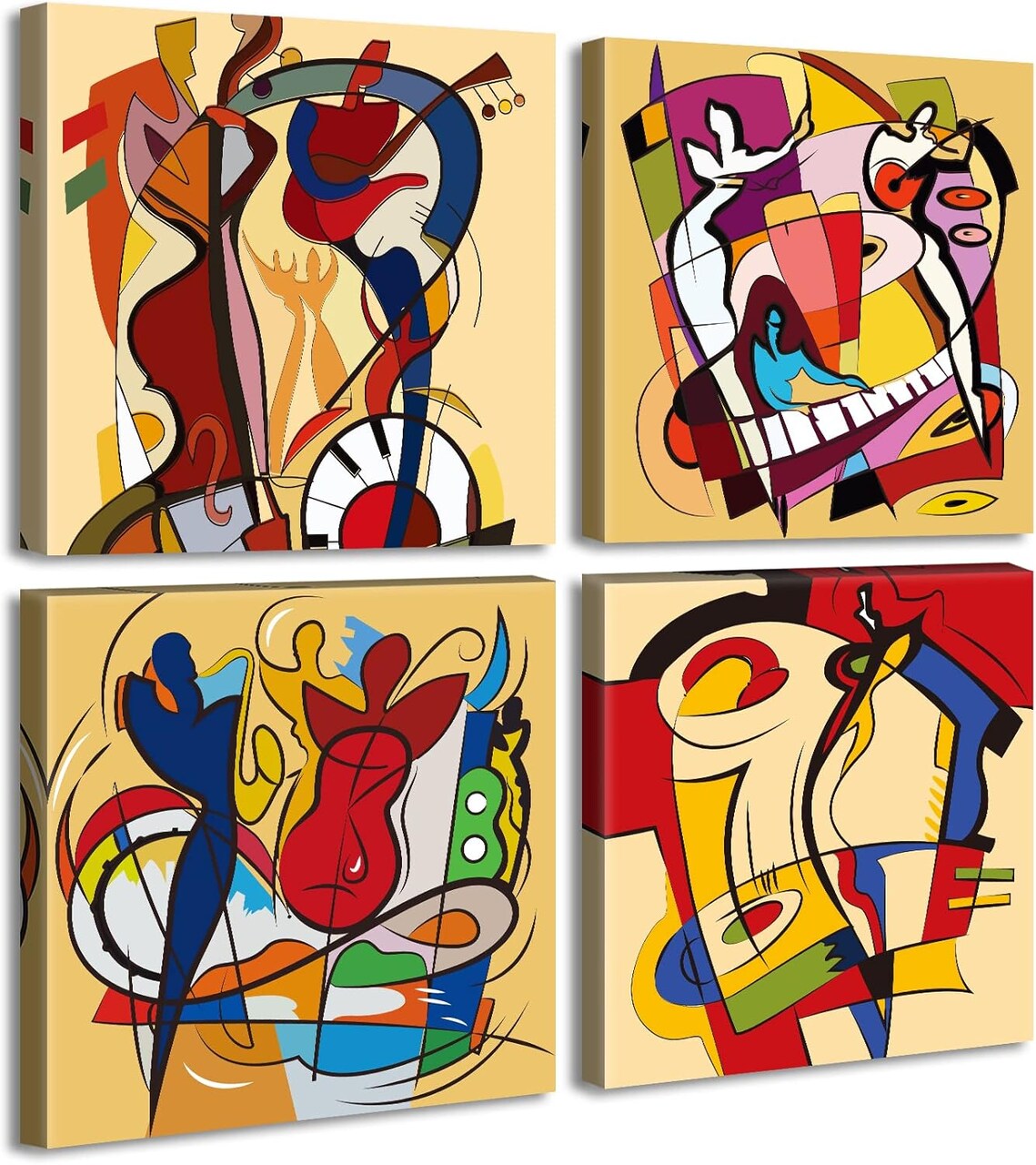 Colorful Music Wall Art Modern Abstract Wall Decor 4 Piece Graffiti Canvas Painting Prints Home Artwork for Bedroom Living Room Decoration Framed Ready to Hang 12"x12"x4